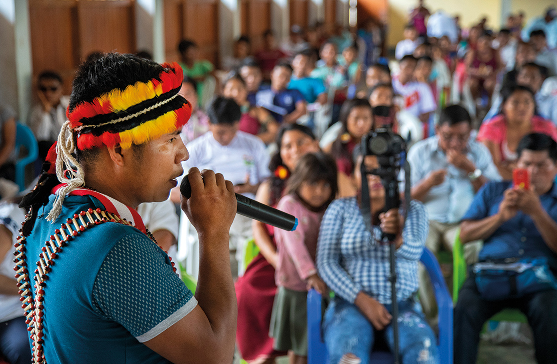 A young man from the Wampis Nation speaks at a meeting. Credit: Pablo Lasansky.
