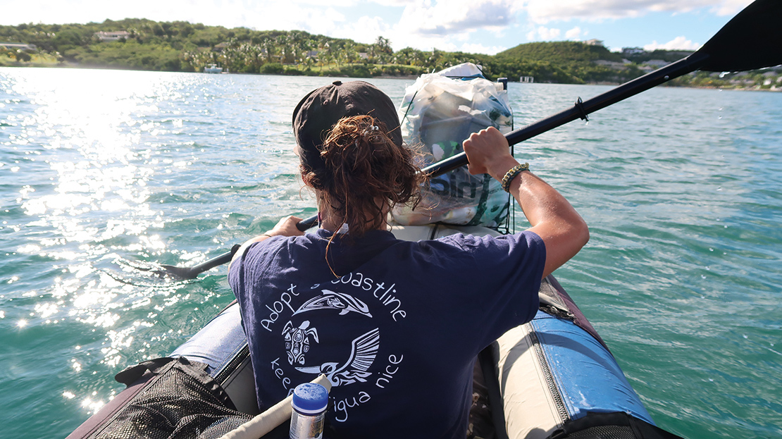 Doing beach clean-ups by kayak in Antigua and Barbuda. Credit: Adopt a Coastline.