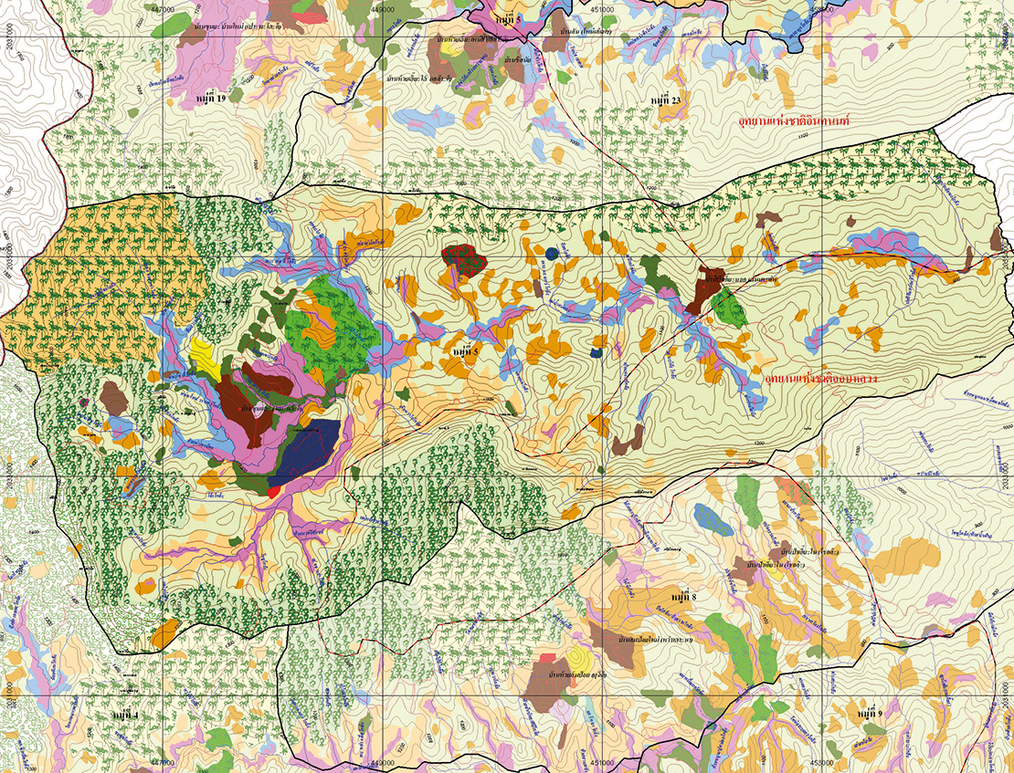 Figure 4: A community map created by the Pga k’nyau (Karen) community of Khun Tae, in northern Thailand. The detailed land use patterns revealed in the map show that 47% of the 6,064 acres land area is customary use forests, 11.2% for farming and 38.2% is under strict community protection. Source: IMPECT